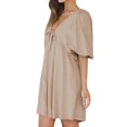 thumbnail image 4 of QAFOPEH Women Lace Up V Neck Lantern Half Sleeve Pleated Solid Color Mini Dress, 4 of 7