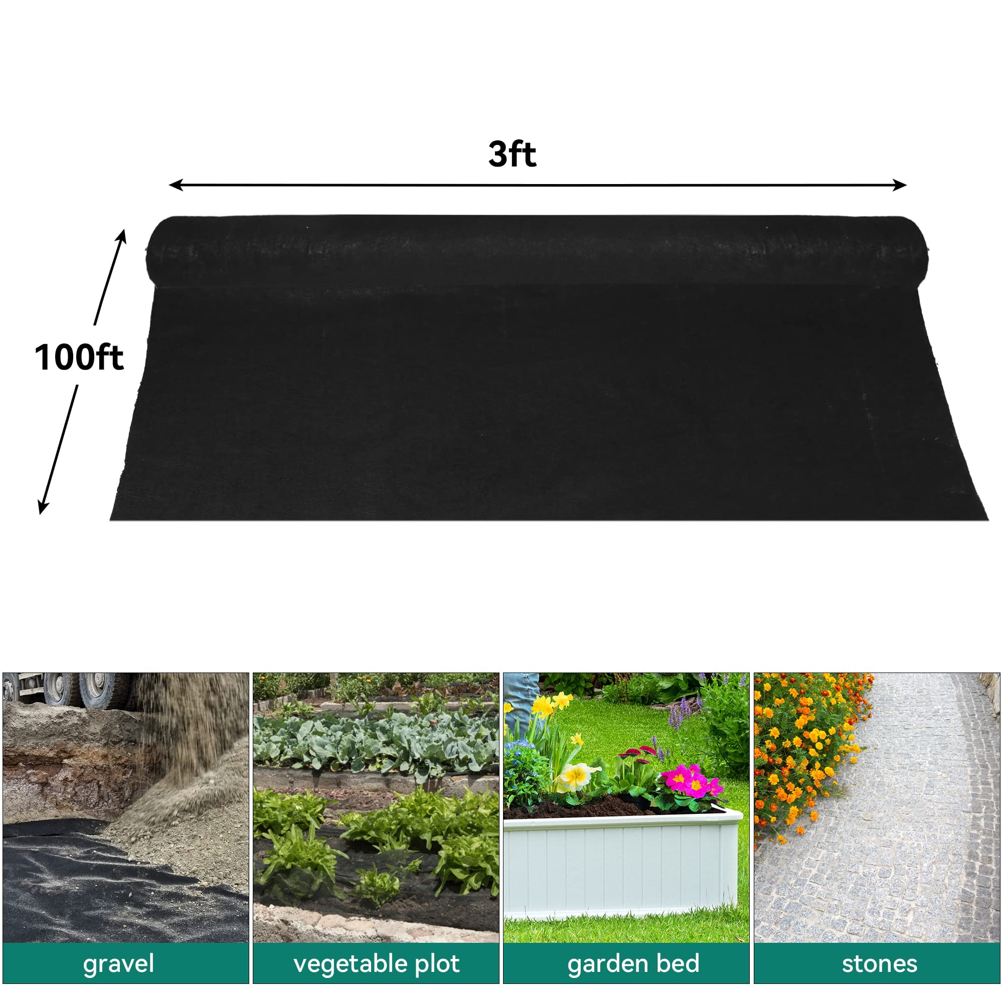 Dextrus 3X100FT Weed Barrier Garden Landscape Fabric Heavy Duty Weed Block Gardening Woven Ground Cover Weeds Control 5oz for Garden Beds, Landscaping, Outdoor Project