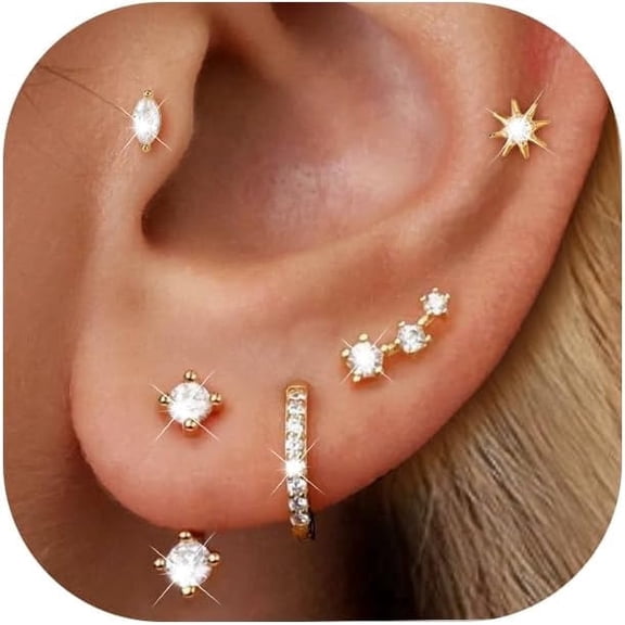 5PCS 14K Gold Plated Stud Earrings for Women, Hypoallergenic Cartilage Earrings for Multiple Piercing, Dainty Small Stackable Earrings Set for Jewelry Gift