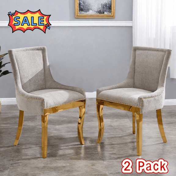 Tcbosik Upholstered Chairs Set of 2, Chenille Dining Chair with Metal Legs, Armless Chair for Kitchen, Living Room, Beige Gold