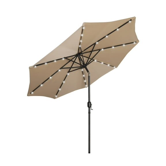 WestinTrends Cyrus 9 Ft Outdoor Patio Umbrella, Solar Powered 32 LED Light Umbrella with Tilt and Crank for Garden, Deck, Balcony, Pool and Beach, Beige