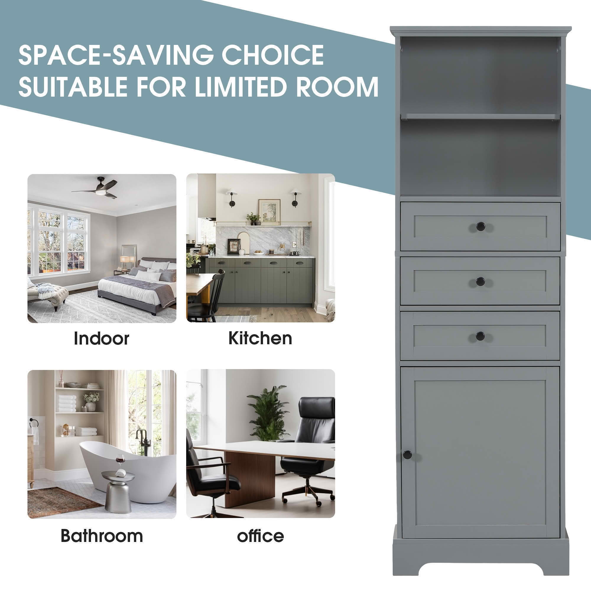 MAYEERTY Tall Storage Cabinet, 3 Drawers Adjustable Shelves MDF Painted Finish, Bathroom Study Office, Gray