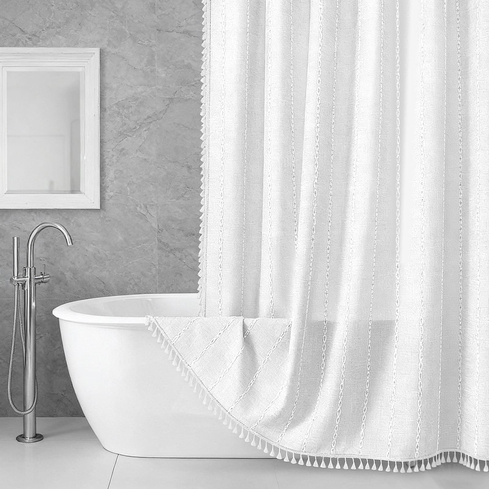 Dznils Boho Tassel Shower Curtain with Hooks, Farmhouse Thick Cloth Linen Fabric Bathroom Curtain, White, 72" x 72"