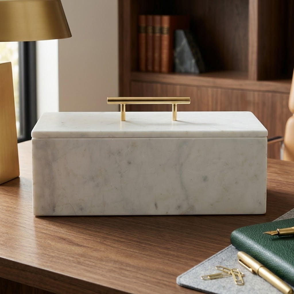 Decorative Marble Rectangular Box with Handle for Home Decor - Modern Organizer for Jewelry and Keepsake Storage - Decor Box for Bedroom, Living Room, and Shelf Accent - 8", White & Gold