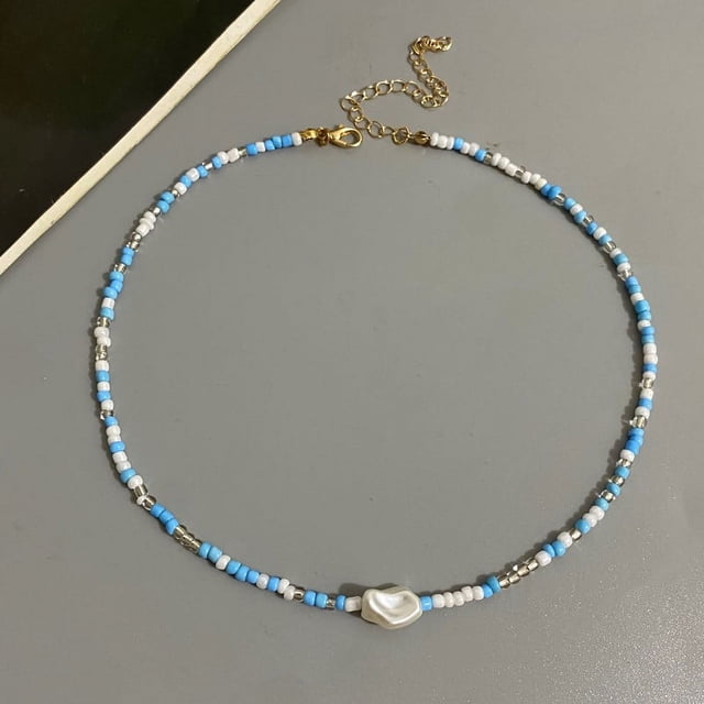 Collier de Perles Boho Mode Femme Imitation Perle Perle de Rocaille Brin Court Collier Ras-du-Cou Fait Main Bijoux Femme Gros