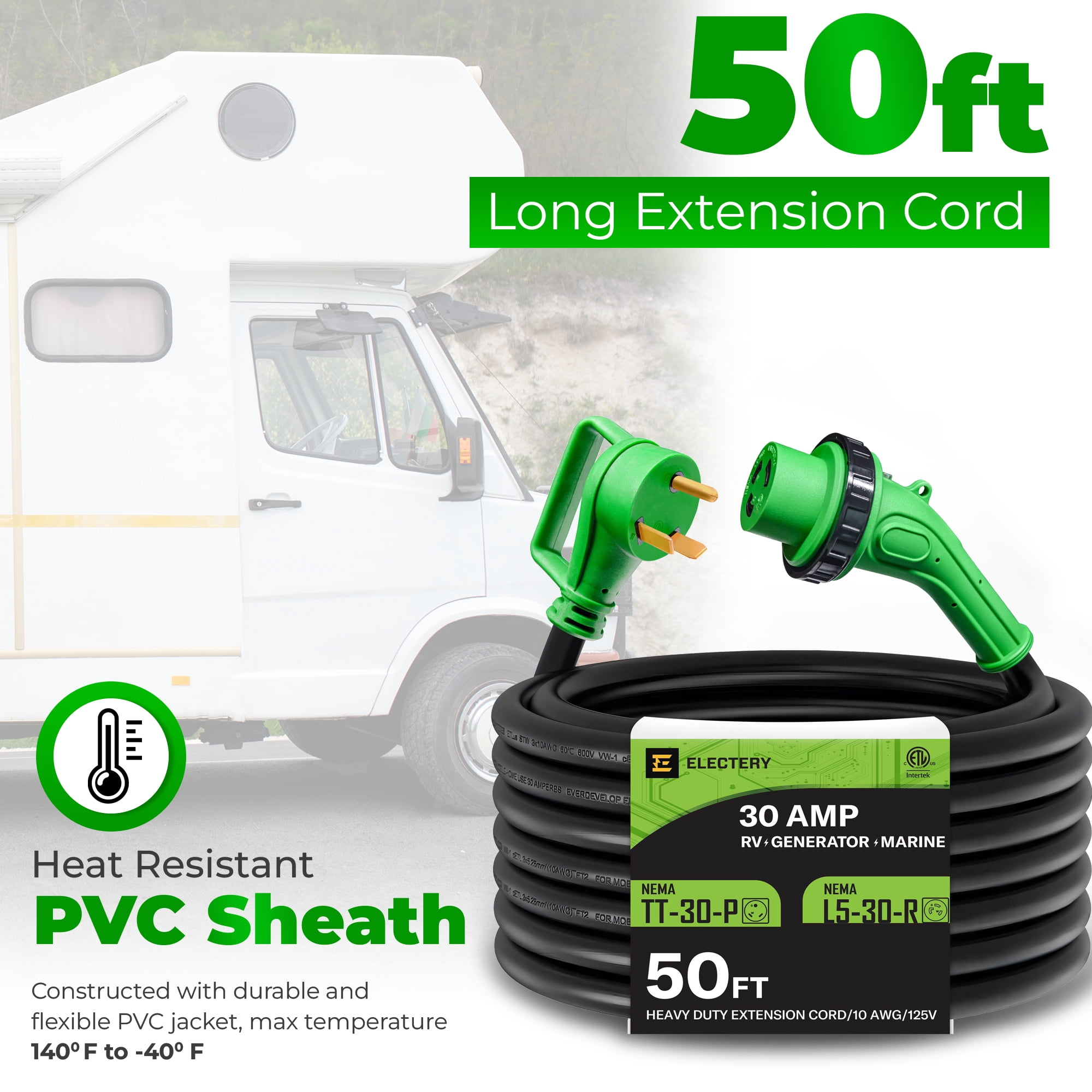 30 Amp 50 Ft RV Power Extension Cord NEMA TT-30P to L5-30R with Twist Locking Adopter, Heavy Duty STW Cord 3 Prong 10 Gauge for RV, Marine, Generator. ETL Listed