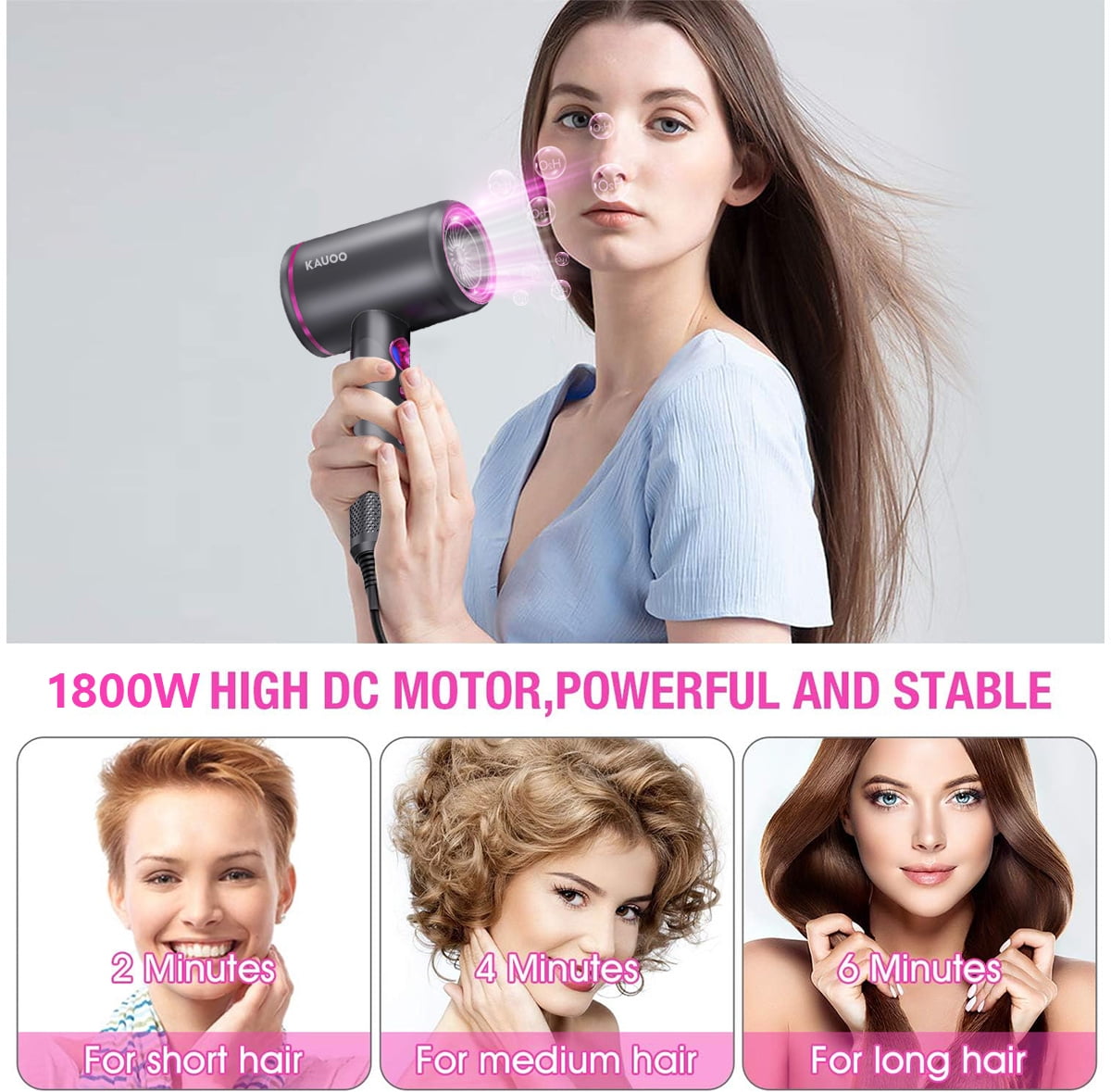 Kauoo Hair Dryer with Diffuser, 1800W Professional Ionic Blow Dryer for Hair Care,Fast Drying Hairdryer, Gray, Gift for Christmas Day