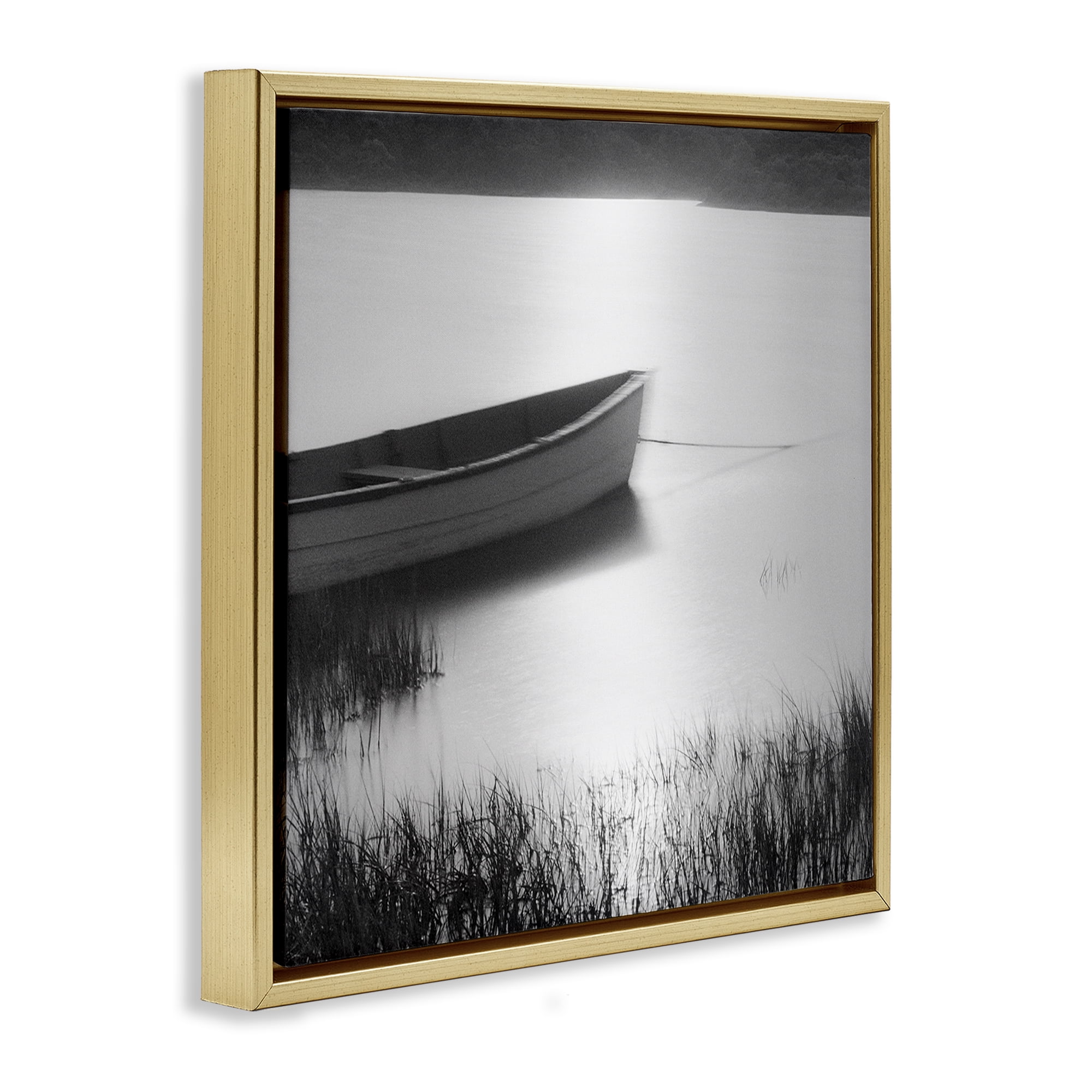 Stupell Industries Rowboat on Peaceful Shore Landscape & Nature Photography Gold Floater Framed Canvas Art Print Wall Art, 25 x 25