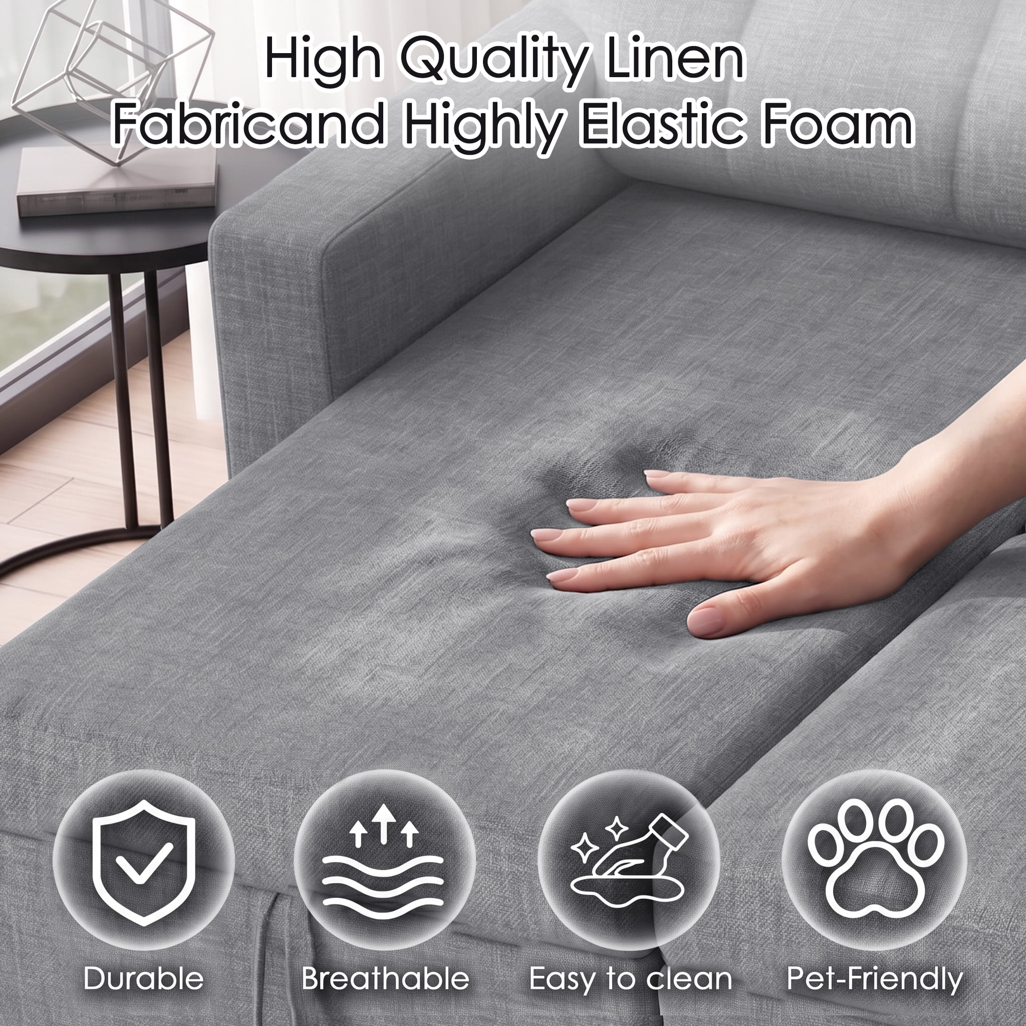 avobird 82" L Shaped Sleeper Sofa Bed, 3-Seat Convertible Sectional Couches with Storage Chaise, Linen Fabric Pull Out Couch for Living Rooms, Apartment, Light Gray