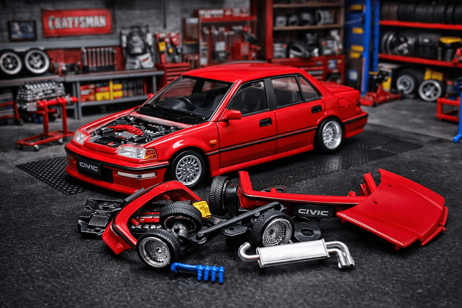 BM Creations 1/64 Honda Civic EF2 1991 LHD Red Diecast Model Car w/ Accessories 64B0401