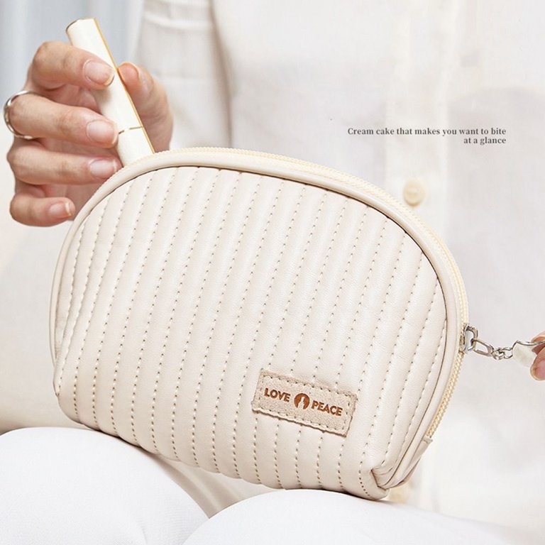 Simple Outdoor Toiletry Bag Cream Color Zipper Wash Pouch Female Travel  Bath Storage Storage Bag Makeup Case PU Cosmetic Bag BEIGE 