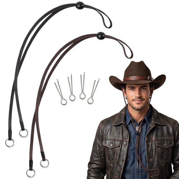 2 Pack Leather Hat Chin Straps – Brown & Black Adjustable Hat Cords with Metal Clips – Real Cowhide Windproof Strap for Cowboy Hats, Sun Hats, Western Hats & Outdoor Hats for Men Women