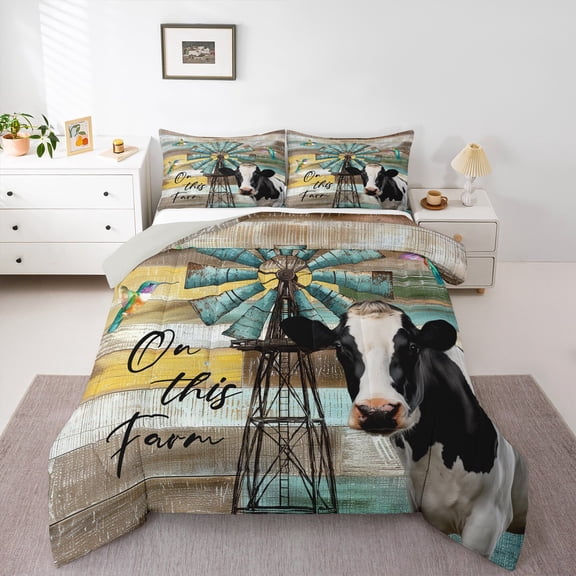 Homewish Farmhouse Wooden Plank Bedding Comforter Set, 3D Highland Cattle Twin Comforter Sets, Wheat Yellow Cabin Reversible Bedding Set, Breathable Home Decor, 2pcs