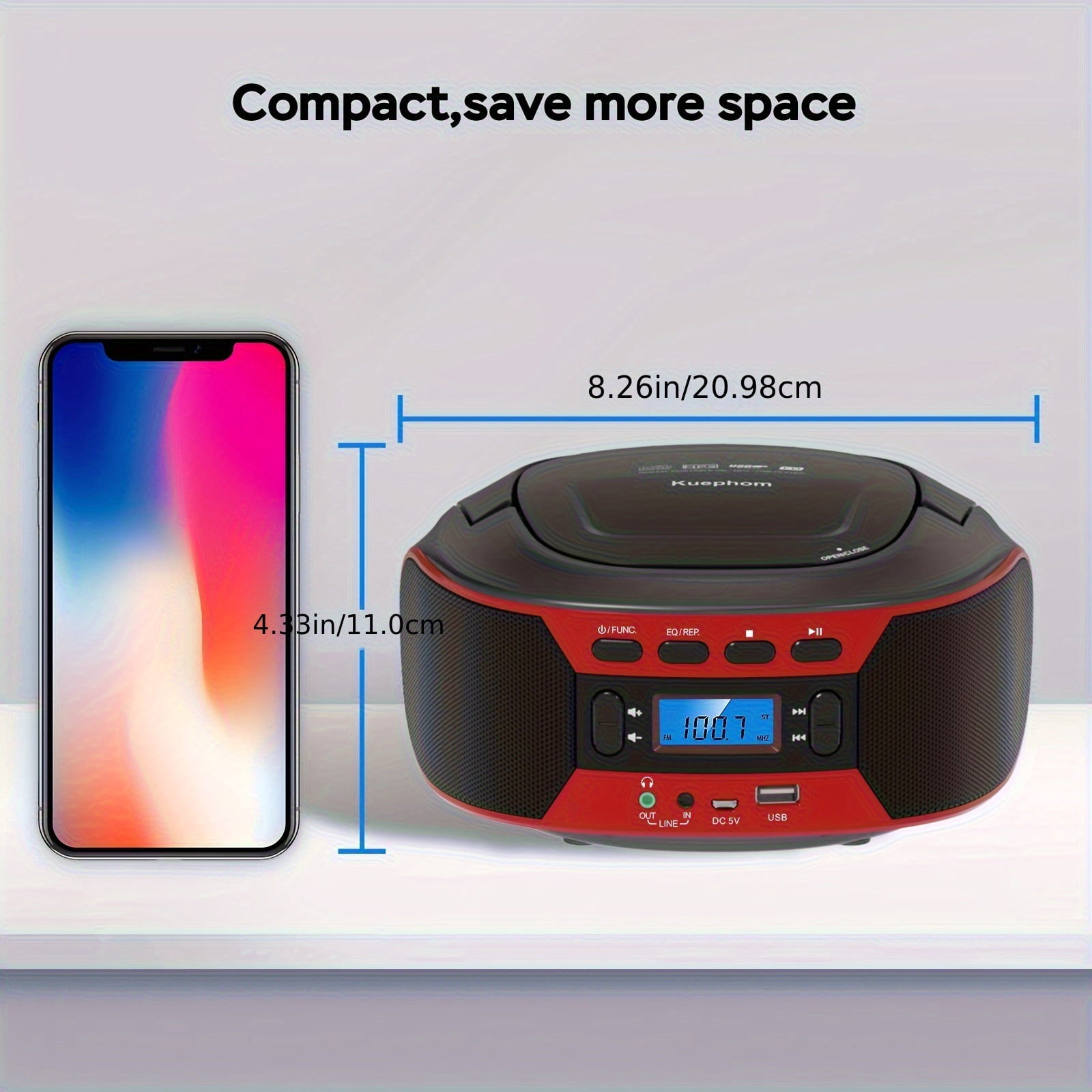 Portable CD Player Boombox with BT, FM Radio with CD Player Combo, CD Boombox with AUX/USB Playback and Earphone Jack. CD Players for Home with Stereo Speakers, Battery or AC Powered.