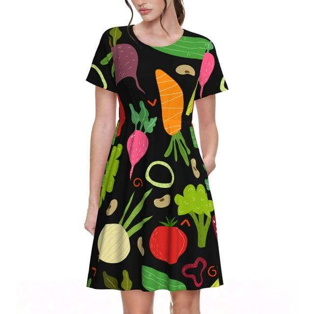 Vsdgher Légumes Dessin Animé pour Femmes Été 2025 Robes Midi Décontractées Légères Manches Courtes Col Rond Robe de Plage