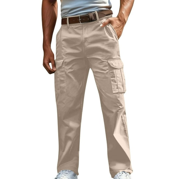 Fnooota Men's Cargo Pants, Relaxed Fit Cotton Linen Casual Multi-pocket Straight Leg Pants Beige Size 3XL