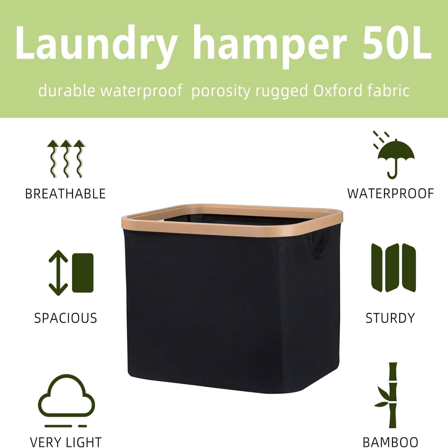 3 Pack 50L Collapsible Storage Bins with Bamboo Borders, Canvas Fabric Storage Cubes for Shelves, Closet & Toy Storage - Foldable Organizer Baskets, Large Fabric Cube Storage Bin Beige