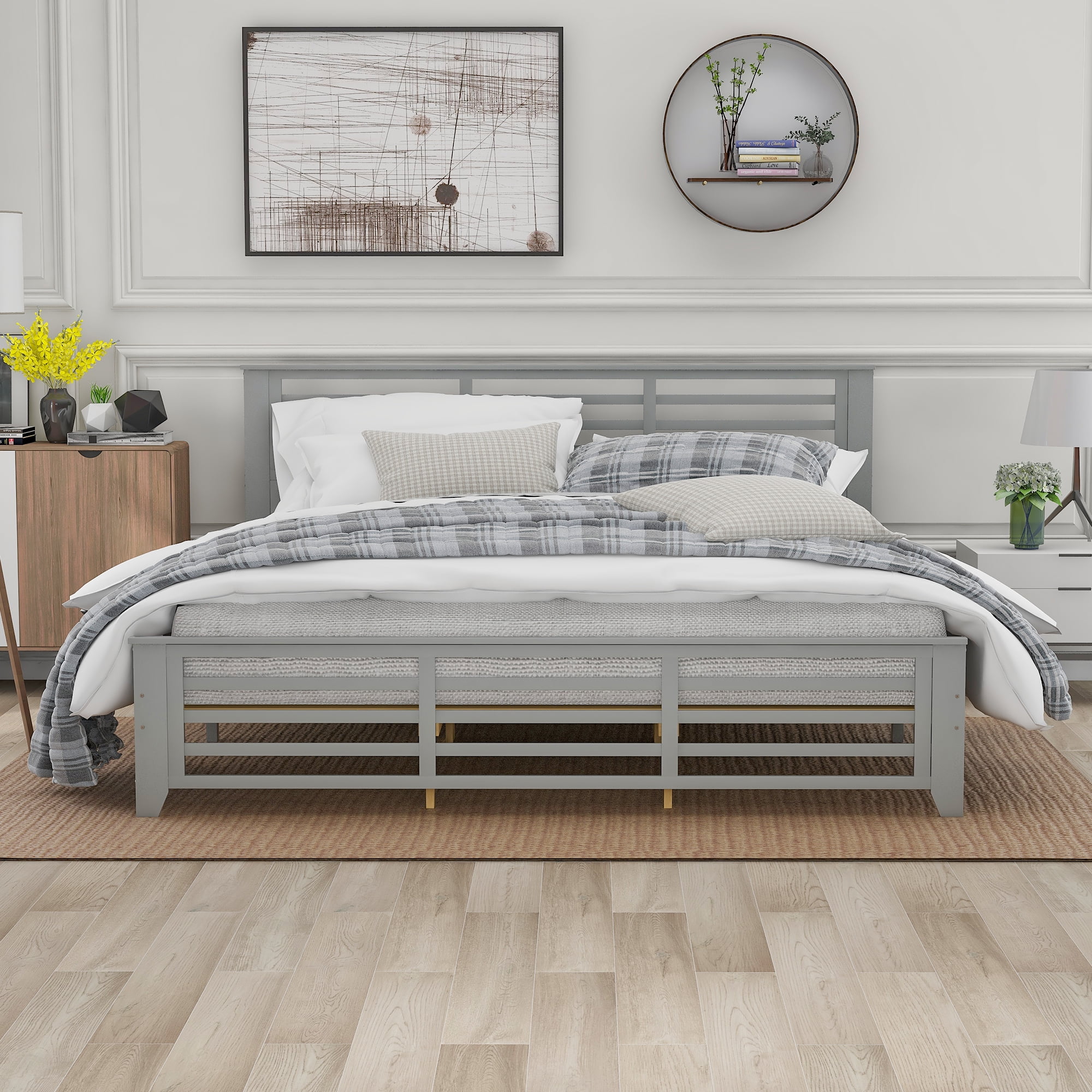 EUROCO King Size Wood Platform Bed with Slatted Shaped Headboard & Footboard, Gray