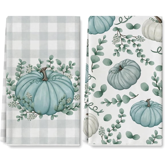 Fall Kitchen Dish Towel 18 x 26 Inch Pumpkin Eucalyptus Leaves Tea Towel Buffalo Plaids Autumn Dishcloth Rustic Farmhouse Hand Drying Cloth Towel for Holiday Kitchen Cooking Baking, 2Pcs