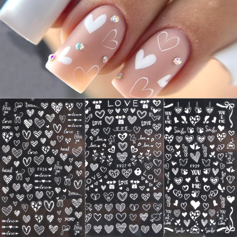 3pcs 3D Elegant White Heart Nail Stickers Valentine Love Designs Nail Art Decals Self Adhesive Decoration DIY Manicure Supplies