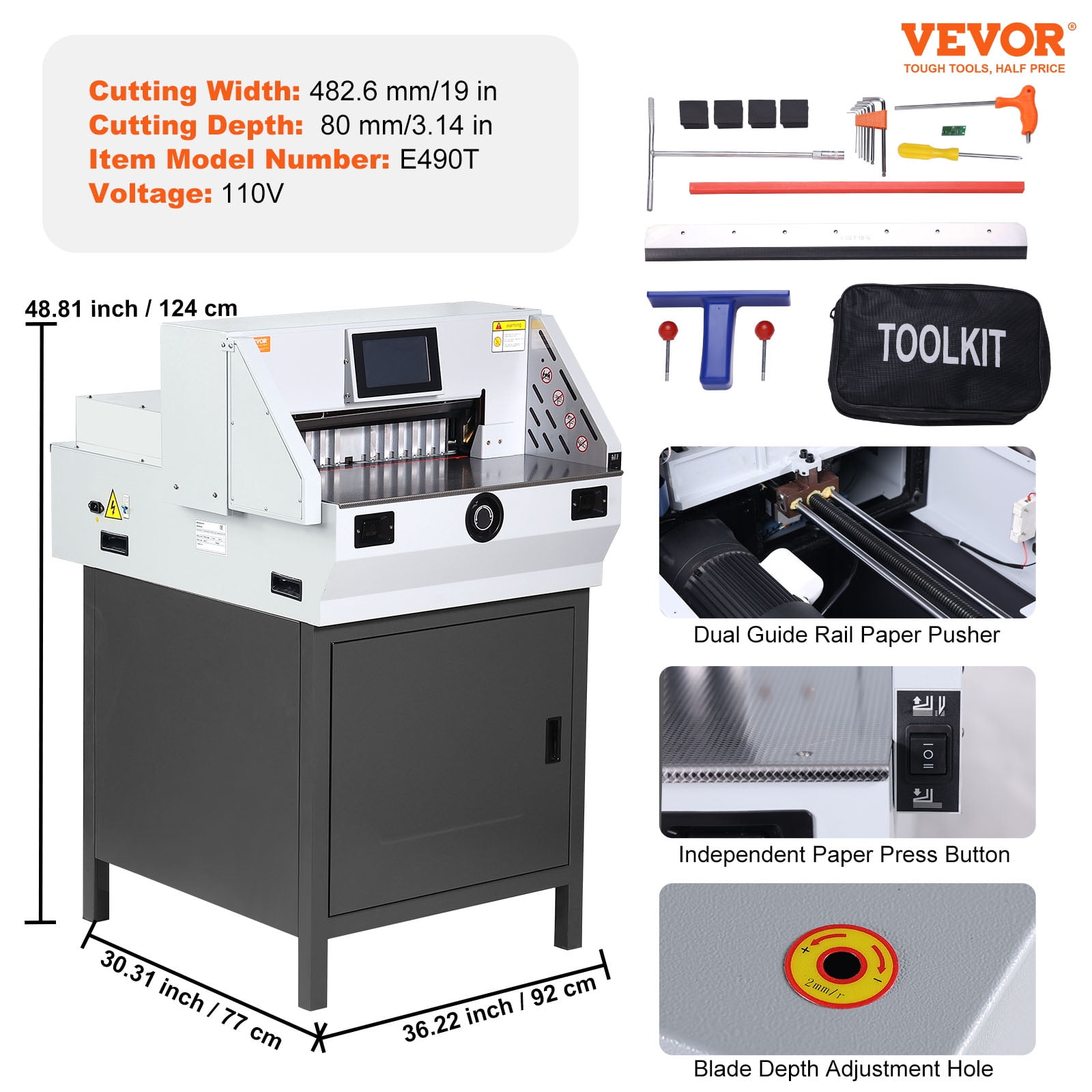 VEVOR Electric Paper Cutter, Heavy Duty Paper Trimmer 19" /482.6mm Cutting Width, 3.14"/80mm Cutting Thickness, Electric Paper Cutting Machine with 7" Touchscreen Numerical Control Function