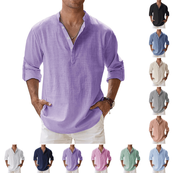 Henley Shirts Men Fashion Casual Long Sleeve Button Down Tshirts Fall Lightweight Comfy Solid Color Regular Fit Tees Purple XL