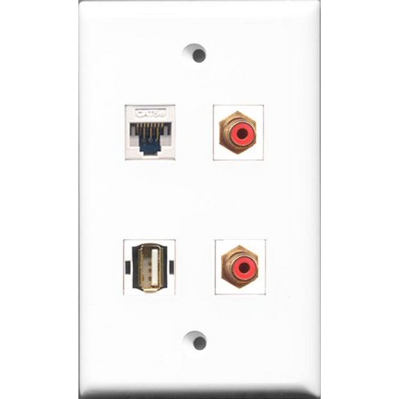 RiteAV - 2 Port RCA Red and 1 Port USB A-A and 1 Port Cat5e Ethernet White Wall Plate