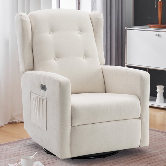 Power Swivel Rocking Recliner Chair, Electric Rocker Nursery Glider Chair, USB and Type-C Ports, Upholstered Fabric Reclining Single Sofa Chair for Living Room (Beige)