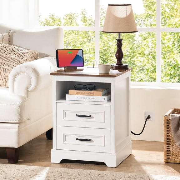 Farmhouse Nightstand with Charging Station and 2 drawers, Rustic Wood Bed Side Tables with Open Storage Shelf, Bedroom Living Room,White