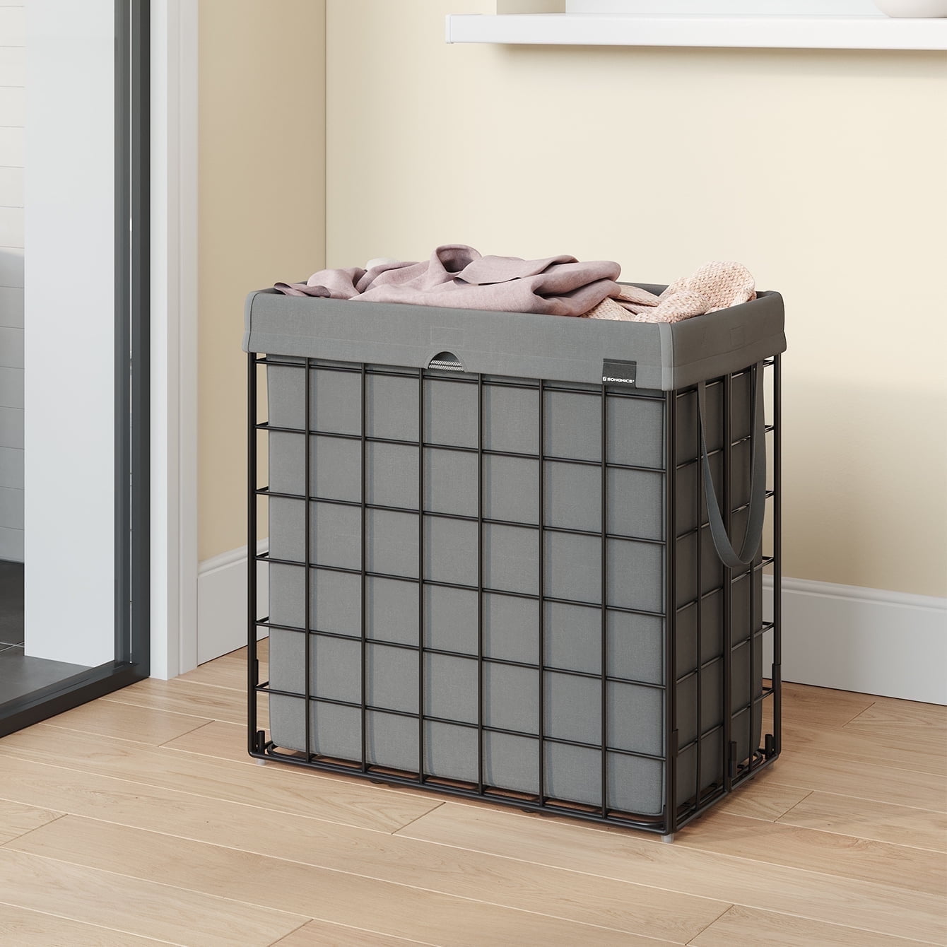 SONGMICS 29 Gal. (110L) Laundry Basket, Laundry Hamper, Collapsible Clothes Hamper, Removable and Washable Liner, Metal Wire Frame, for Bedroom Bathroom, Black and Gray
