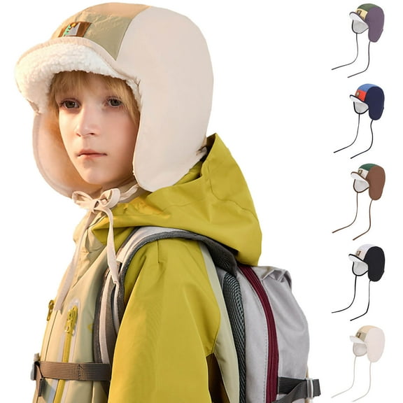 Cethrio Boys Winter Hats, Fleece Lined Skiing Warm Windproof Outdoor Hats with Ear Flaps Beige Size 4-14T