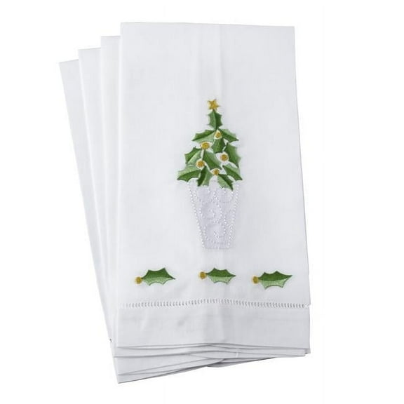 Saro Lifestyle Embroidered Holly Leaf Christmas Tree Design Hemstitched Linen Cotton Guest Towel - Set of 4