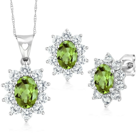 Gem Stone King 3.00 Cttw Oval Green Peridot and White Created Sapphire 10K White Gold Pendant Earrings Set | Gemstone Birthstone | Oval 7X5MM and 6X4MM | With 18 inch Chain