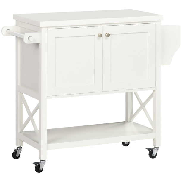 HOMCOM Ilôt Cuisine avec Station Charge – Chariot à Roulettes, Plan Travail Rabattable, 2 Tiroirs, Blanc