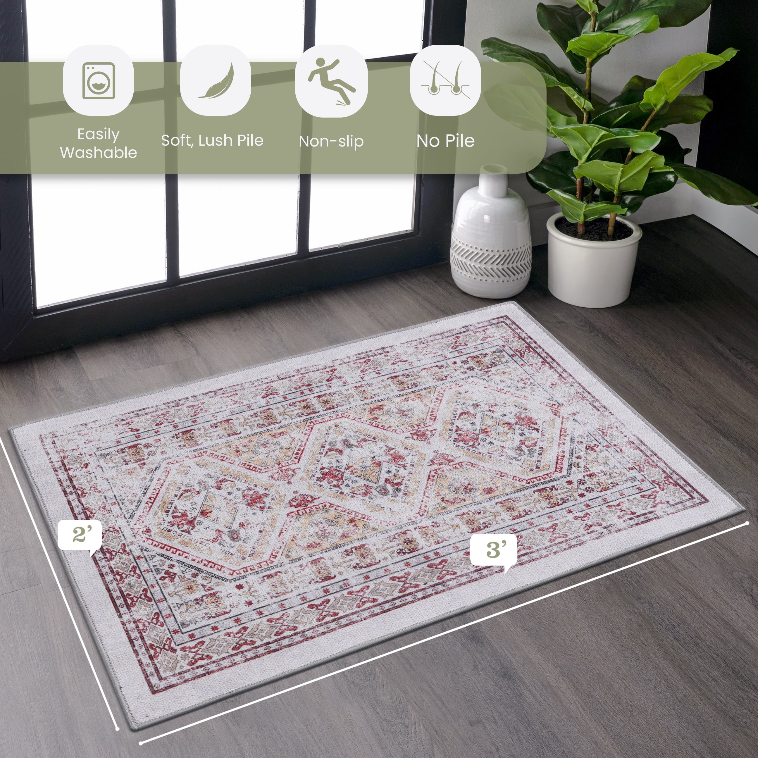 Naar Maval 2X3 Area Rug, Beige Oriental, Machine Washable Rugs for Living Room, Non-Slip, Non-Shedding and Foldable Rugs