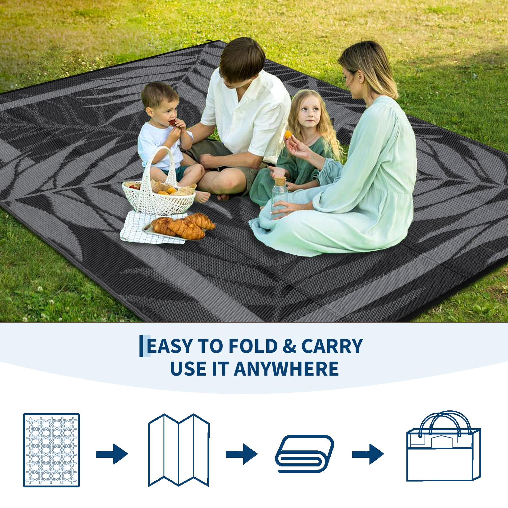 Outdoor Waterproof Reversible Rug – Modern Black & Grey Plastic Patio Mat, UV & Fade Resistant, Non-Slip, Portable, Easy Clean – For Garden, Patio, Deck, Poolside, Picnic – 8x10ft