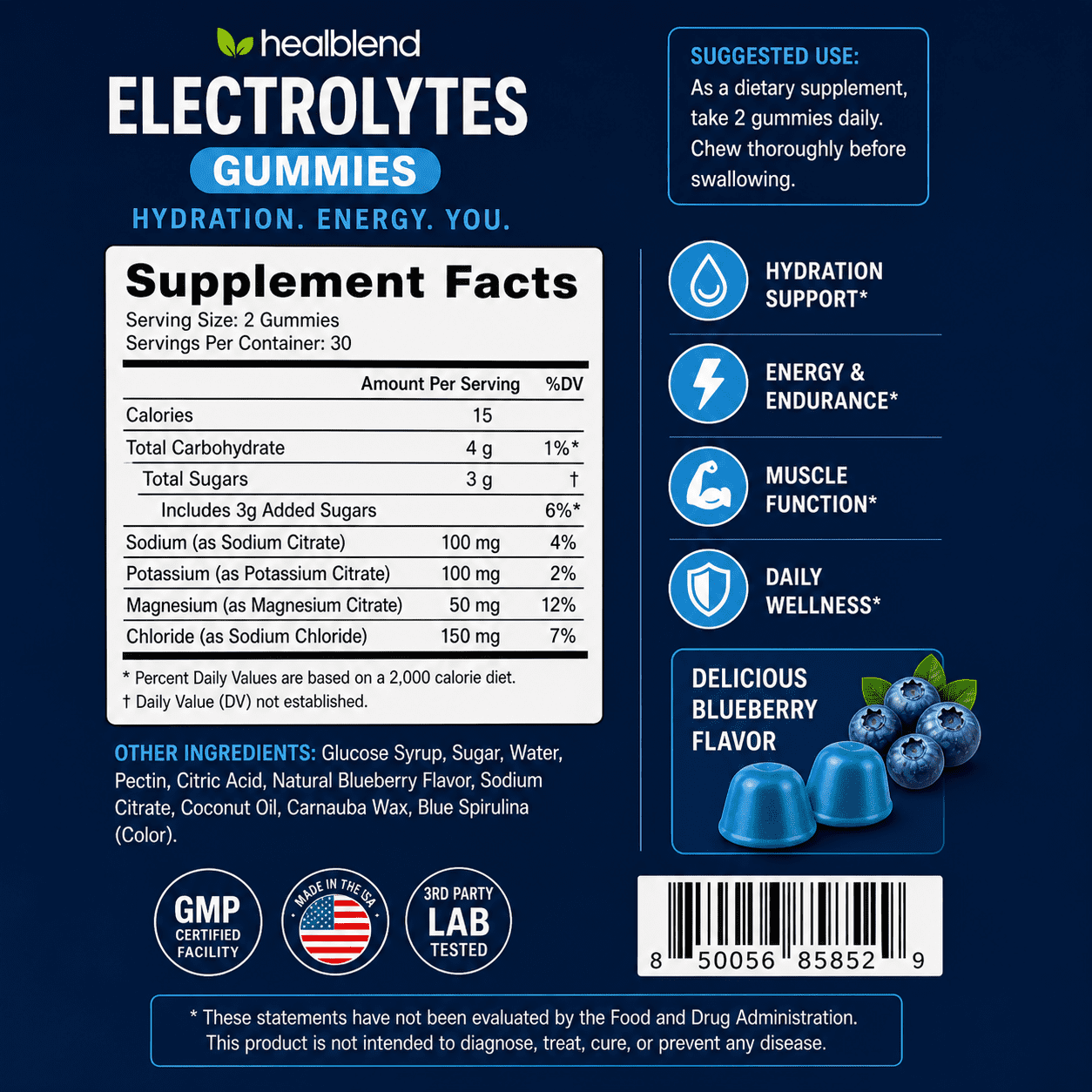 Healblend Electrolyte Gummies, Blueberry Flavor, Hydration Support for Stamina, Muscle Function & Recovery, 60 Count (2 Pack)