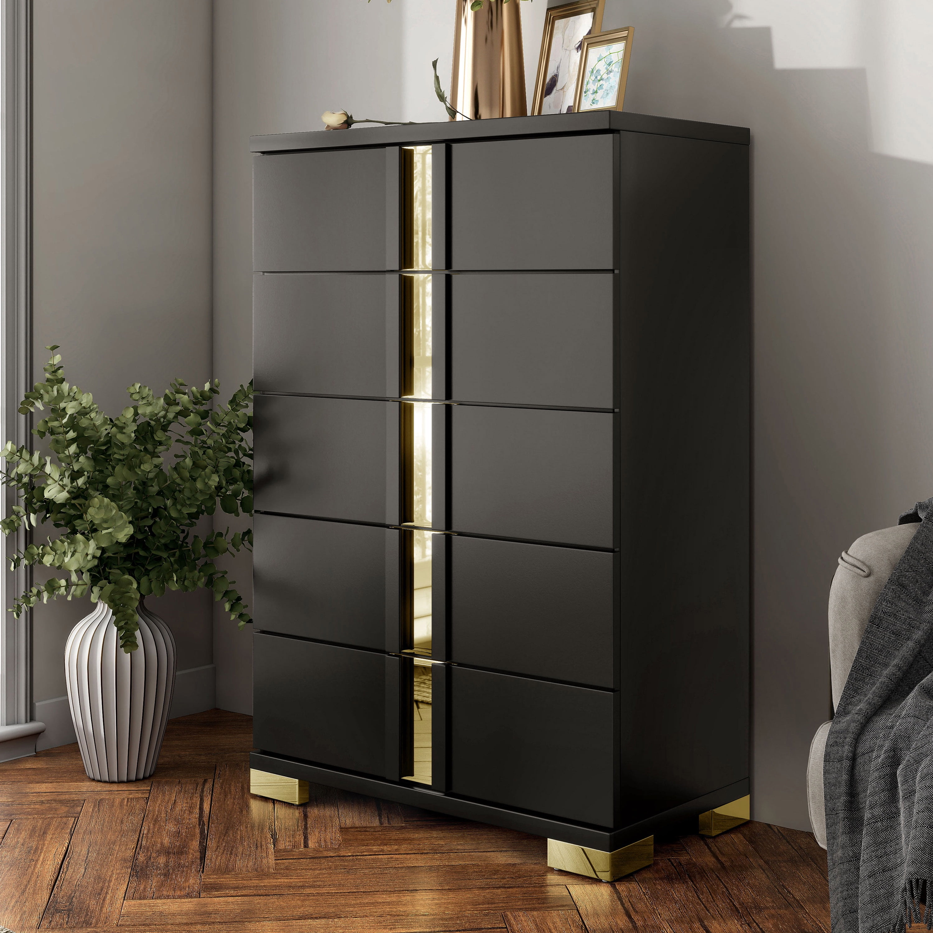 Furniture of America Chora Adult Modern 5-Drawer Solid Wood Bedroom Vertical Dresser, Black and Gold