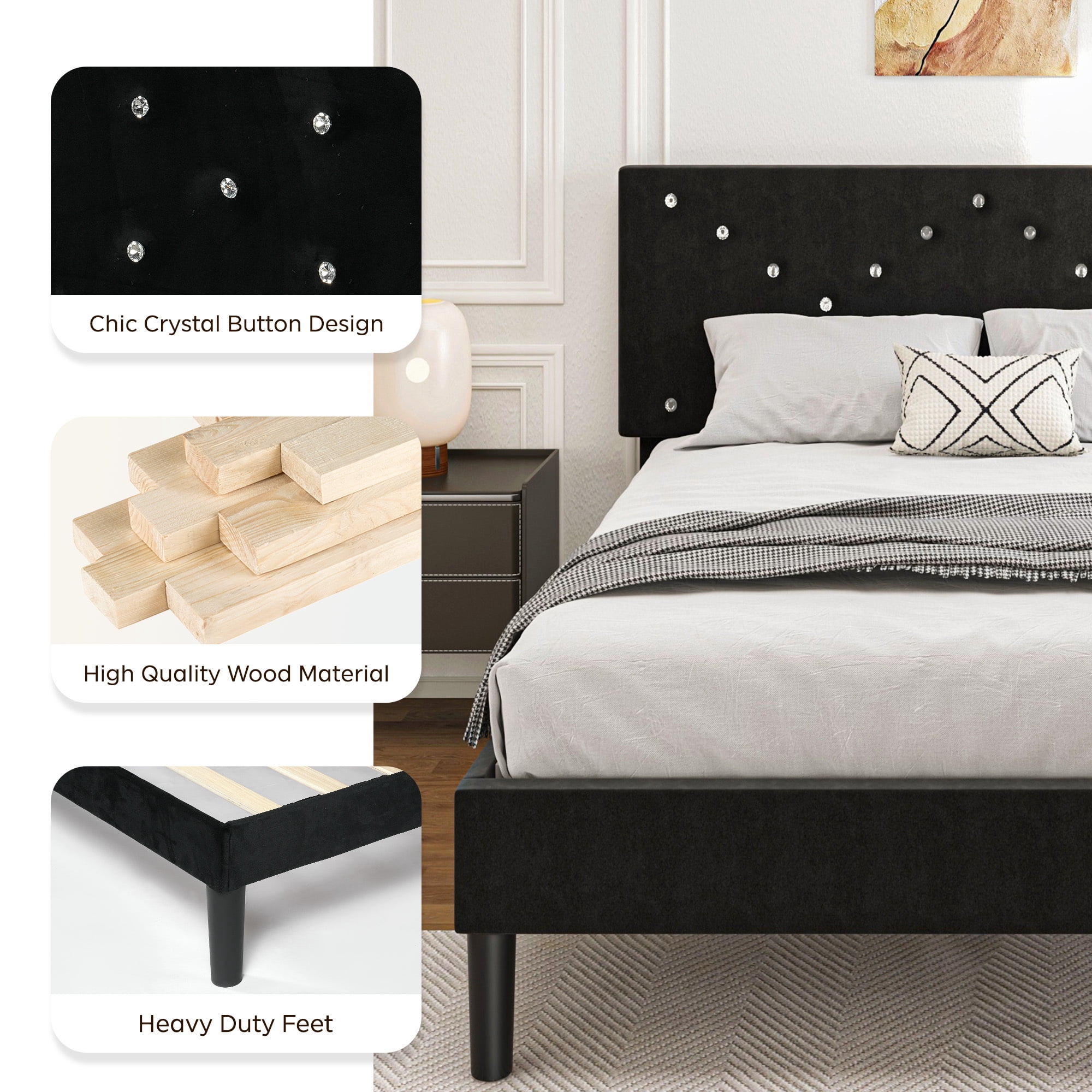 Twin Size Bed Frame with Upholstered Headboard, Non-Slip and Noise-Free/Wooden Slats Support/No Box Spring Needed/Easy Assembly, Black