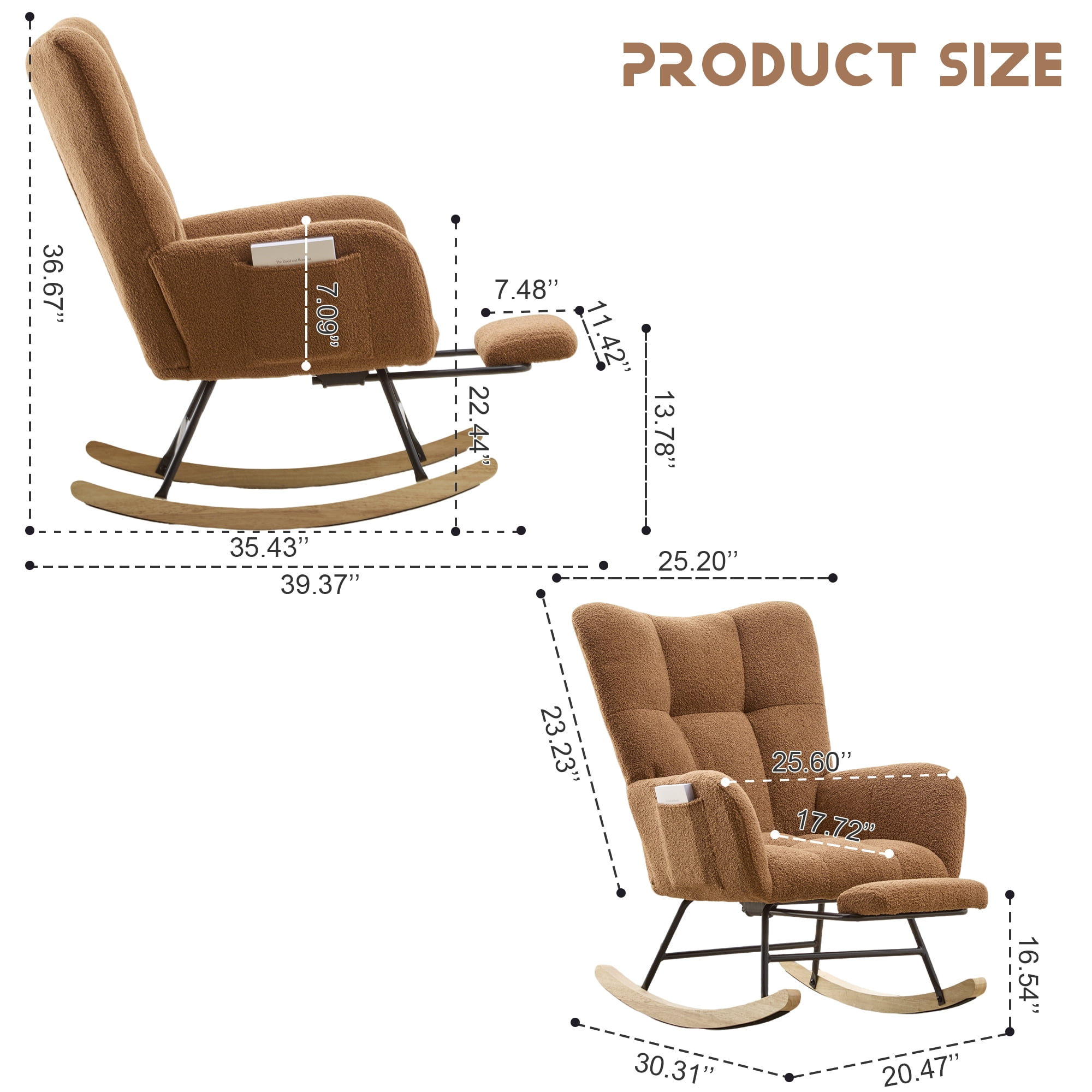 Hforesty Nursery Rocking Chair Teddy Upholstered Glider Rocker，Comfy Armchair with retractable footrest for Living Room & Nursery,BROWN