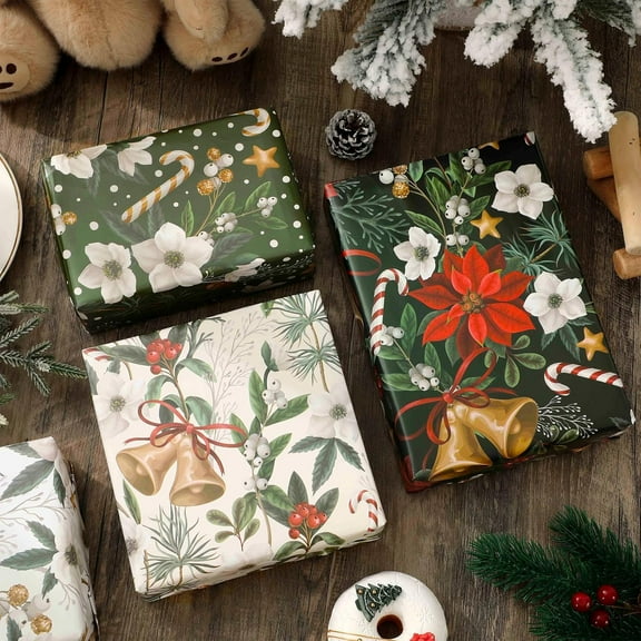 Christmas Wrapping Paper Bell Poinsettia Gift Wrap Paper Vintage Craft Paper for Xmas Home Party, 58x23in, 4 Roll