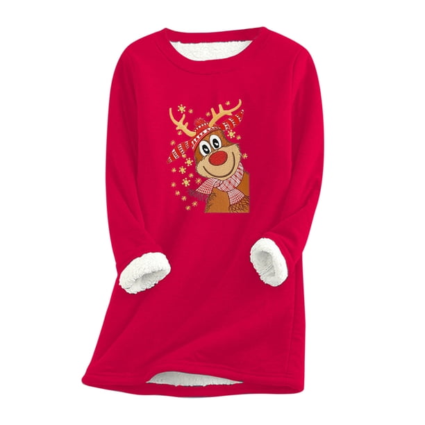 Sudadera de lana gruesa para mujer, ropa interior cálida de terciopelo con estampado navideño y cuello redondo Pompotops gfhjh10870