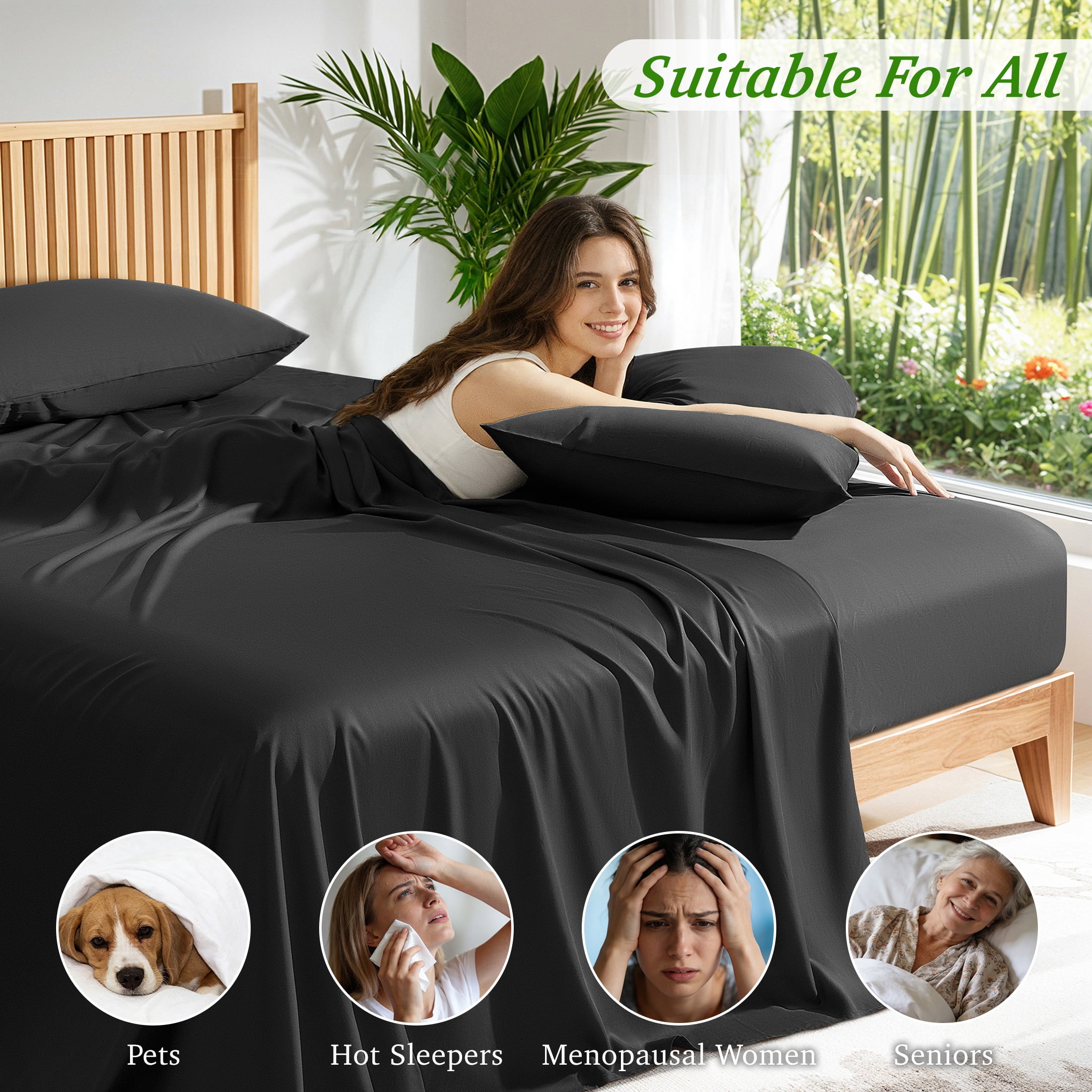 AiAngu Bamboo King Sheet Set, Luxury Soft 4 Pieces Bed Sheets with 18" Deep Pocket, Black