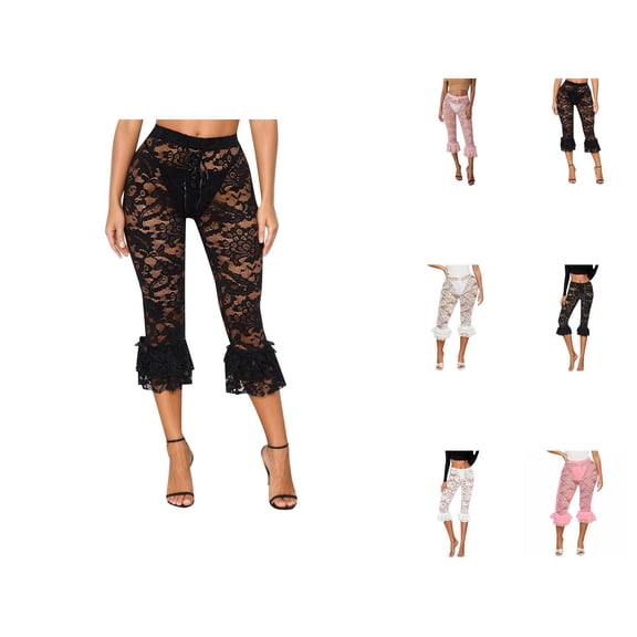 Capri Pants for Women 2025 Ruffle Lace Capri Leggings Half Under Dress Slim Fit See Through Womens Cropped Pants