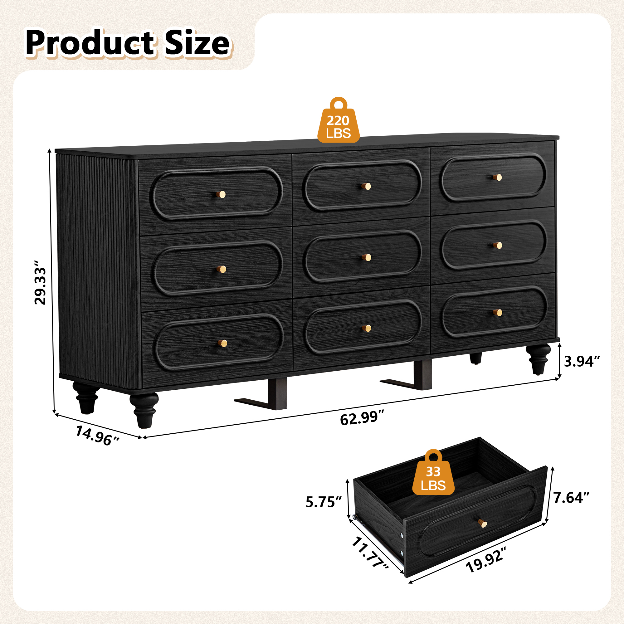 Weselon 9 Drawer Fluted Dresser for Bedroom, Mid Century Chest of Drawers with Arc Edge, Wood Storage Large Dresser Organizer for Bedroom Living Room Hallway Closet, Black
