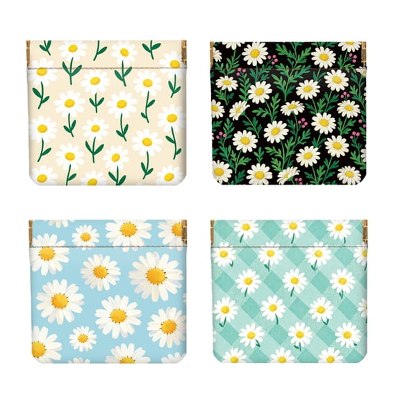 4Pcs Small Leather Squeeze Coin Purse for Women-Simple Daisy Pattern Waterproof & Durable Change Pouch Mini Money Wallet