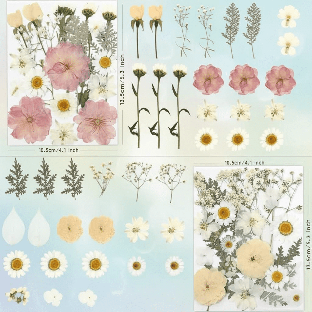 80 Pcs Dried Flowers for Crafts, Real Natural Pressed Flowers in Soft Yellow, White & Pink for Resin Art, DIY Jewelry, Candle and Soap Making Kit with Tweezers Included