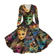 thumbnail image 5 of JGNGSHN Womens Mardi Gras Dresses Fashion Long Sleeve V Neck Carnival Mask Printed Dress Pleated Parade Dress, 5 of 6
