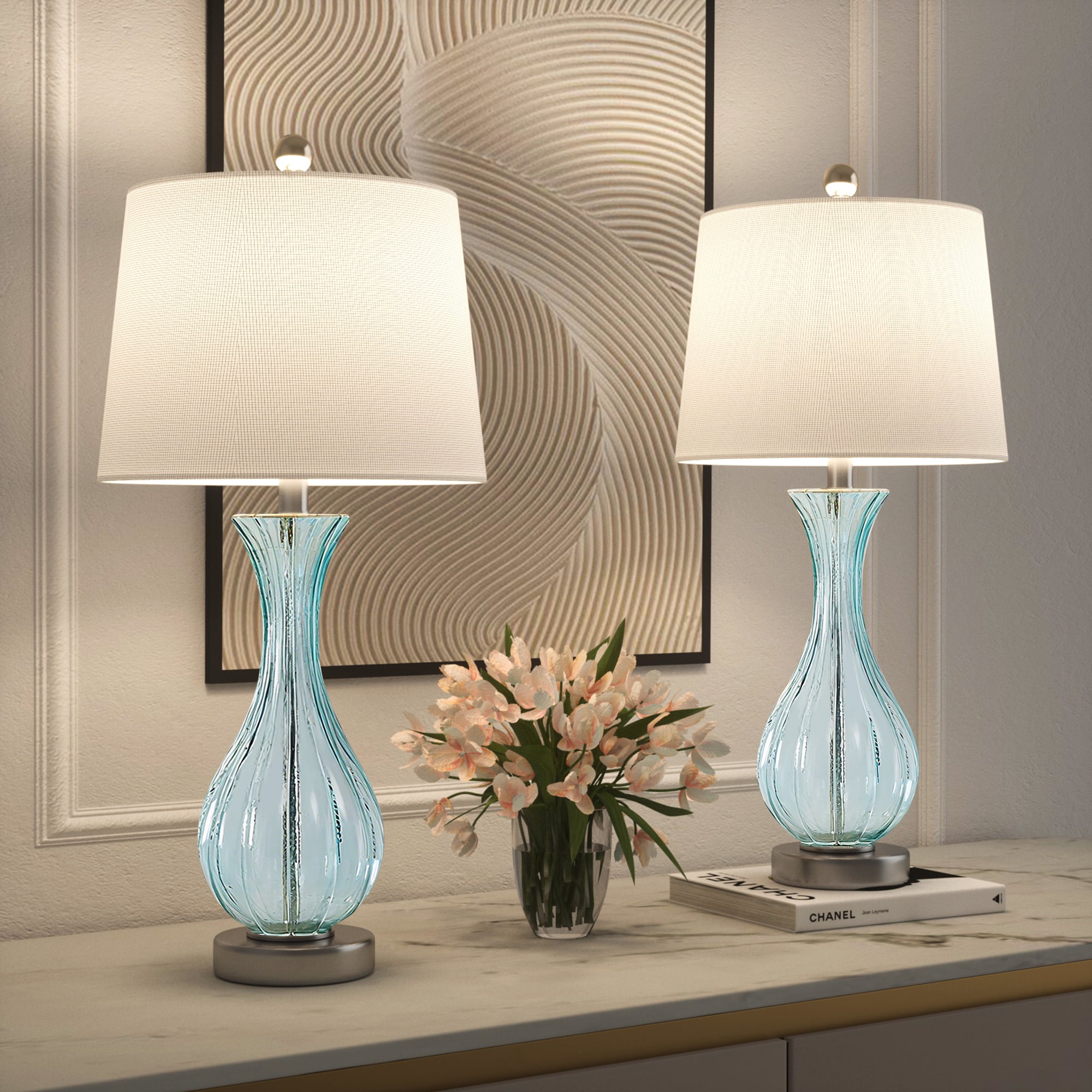 Maxax Nautical Coastal Glass Table Lamps, Pair of 2, 25.5" Blue Droplet Design with White Shade