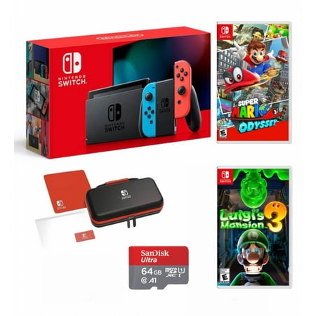 Nintendo Switch Console with Neon Blue & Neon Red Joy-Con - Bundle with Super Mario Odyssey + Luigi's Mansion 3 + Switch Carrying Case + 64GB MicroSD Card